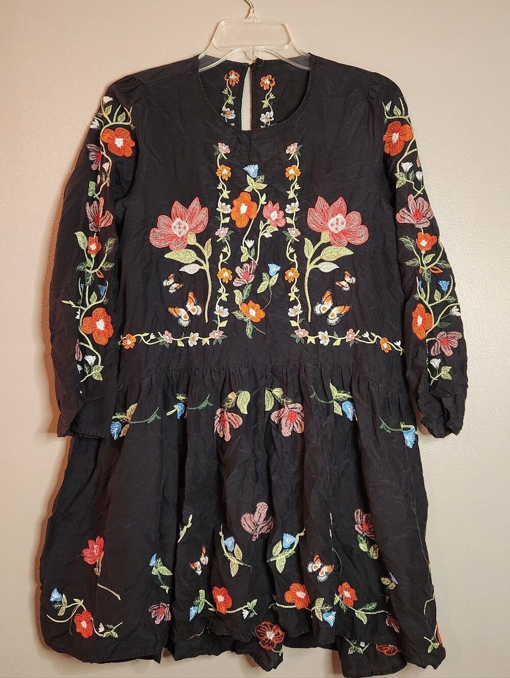 Zara Women Black Floral Embroidered Long-Sleeve Dress Size XS? No Tag